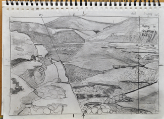 Drawing/planning painting of Chapmans' Pool jetty.